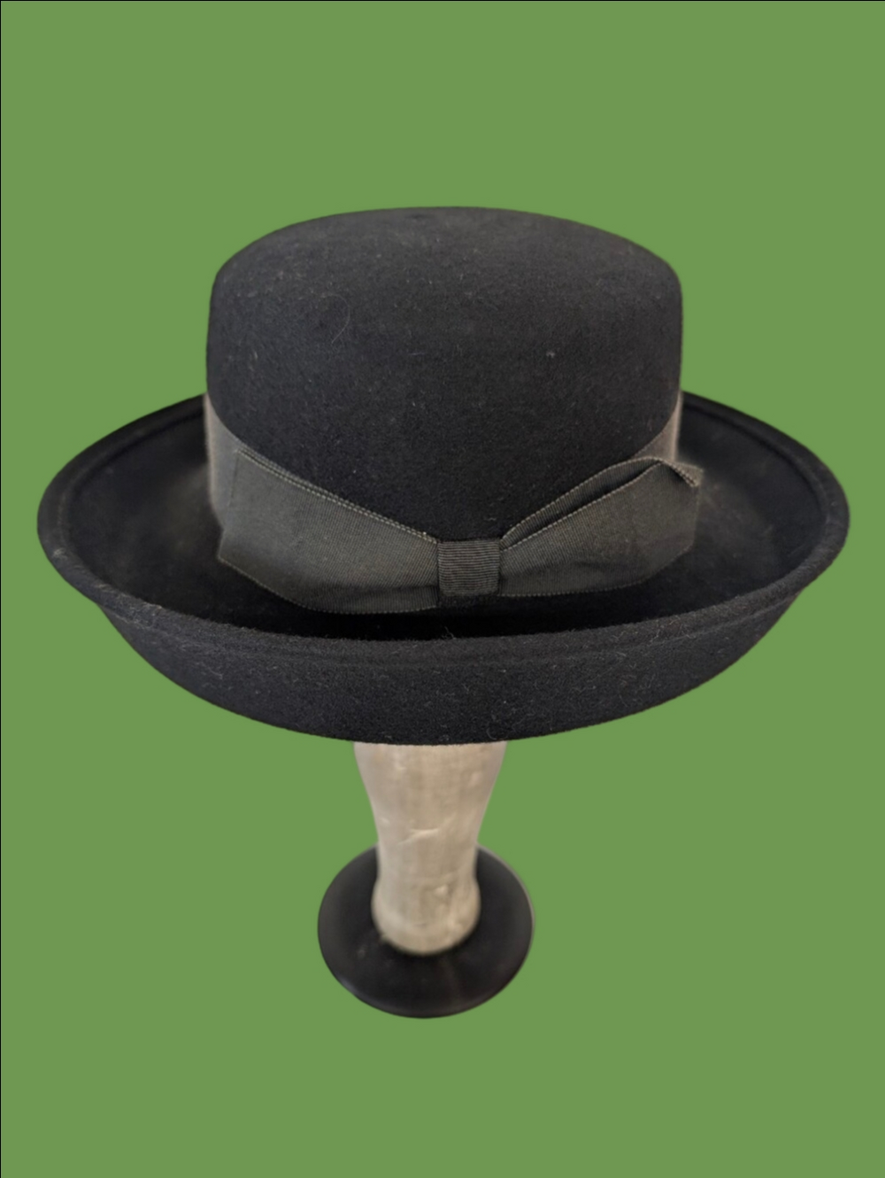 Vintage Black Wool Bowler Hat with Ribbon Band From Early 1990